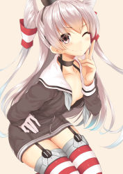 Rule 34 | &gt;;), 10s, 1girl, ;), amatsukaze (kancolle), b-ginga, beige background, black hat, blue hair, blush, brown eyes, brown shirt, buttons, choker, closed mouth, collarbone, eyebrows, flat chest, garter straps, gloves, gradient hair, grey neckerchief, grey ribbon, hair tubes, hairband, hand on own cheek, hand on own face, hat, horizontal-striped legwear, kantai collection, long hair, long sleeves, mini hat, multicolored hair, neckerchief, no bra, one eye closed, sailor collar, school uniform, see-through, serafuku, shirt, silver hair, simple background, single glove, smile, solo, striped clothes, striped thighhighs, thigh strap, thighhighs, twintails, two side up, undone neckerchief, v-shaped eyebrows, very long hair, white gloves, yellow background