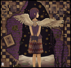 Rule 34 | 1girl, absurdres, angel wings, brick wall, feathered wings, feet out of frame, highres, inukoko, leaf, original, patterned clothing, plant, print skirt, profile, purple hair, purple shirt, shirt, short hair, skirt, solo, white wings, wings