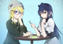 Rule 34 | 10s, 2girls, ayase eli, beanie, bespectacled, black hair, blonde hair, blue eyes, brown eyes, cake, casual, cross, cross necklace, dress, earrings, food, fork, futonchan, glasses, hair down, hat, jewelry, love live!, love live! school idol project, multiple girls, necklace, sonoda umi