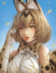 Rule 34 | 10s, 1girl, animal ears, blush, bow, bowtie, breasts, brown bow, brown bowtie, brown gloves, brown hair, day, elbow gloves, gloves, highres, kemono friends, large breasts, looking at viewer, open mouth, orange eyes, outdoors, realistic, serval (kemono friends), short hair, sky, sleeveless, smile, solo, upper body, white gloves, yoon (jonatham)
