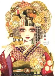Rule 34 | 10s, 1girl, 2012, brown eyes, chopsticks, dated, flower, food, food-themed clothes, hair ornament, holding, japanese clothes, kimono, lips, looking at viewer, makeup, multicolored hair, nail polish, new year, original, osechi, personification, red nails, sakizou, simple background, solo, upper body, watermark, white background