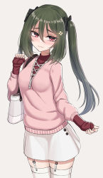 Rule 34 | 1girl, absurdres, bag, blush, breasts, closed mouth, commentary request, garter straps, green hair, hair between eyes, highres, long hair, long sleeves, looking at viewer, original, pink sweater, puffy long sleeves, puffy sleeves, red eyes, red shirt, shirt, shoulder bag, skirt, sleeves past wrists, small breasts, smile, solo, sweater, thighhighs, twintails, very long hair, white skirt, white thighhighs, yakob labo