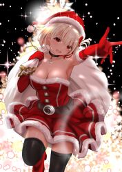 Rule 34 | 1girl, absurdres, bare shoulders, black thighhighs, blonde hair, blush, bow, breasts, christmas tree, cleavage, dress, fur-trimmed dress, fur-trimmed headwear, fur trim, gibun (sozoshu), gloves, hair bow, hair ornament, highres, holding, holding sack, large breasts, looking at viewer, lycoris recoil, night, nishikigi chisato, open mouth, red eyes, red gloves, red headwear, sack, santa costume, santa dress, santa gloves, short hair, smile, thighhighs