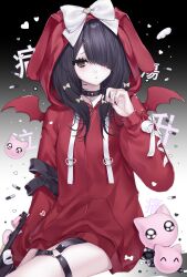 Rule 34 | 1girl, ame-chan (needy girl overdose), animal hood, black hair, bow, cat, closed mouth, demon wings, drawstring, fake wings, grey background, grey eyes, hair down, hair ornament, hair over one eye, hand up, highres, hood, hood up, hoodie, long hair, long sleeves, looking at viewer, needy girl overdose, ni ji (mihuashi 668694), no pants, o-ring, o-ring thigh strap, official alternate costume, pien cat (needy girl overdose), rabbit hood, red hoodie, red wings, ribbon, sitting, solo, thigh strap, white bow, white ribbon, wings, x hair ornament