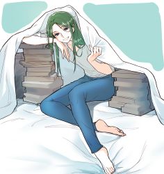 Rule 34 | 1girl, alternate costume, barefoot, bed sheet, blanket, blue background, blue eyes, book, collarbone, collarless shirt, commentary request, denim, drawingddoom, fire emblem, fire emblem: three houses, full body, green hair, hair between eyes, highres, holding, holding blanket, jeans, korean commentary, linhardt von hevring, long hair, nintendo, open mouth, pants, partial commentary, shirt, short sleeves, sidelocks, simple background, sitting, smile, solo, teeth