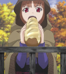 Rule 34 | 00s, bread, food, highres, holo, jpeg artifacts, red eyes, screencap, sexually suggestive, solo, spice and wolf, stitched, third-party edit
