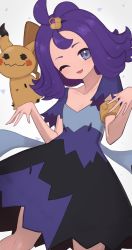 Rule 34 | 1girl, acerola (pokemon), armlet, commentary request, creatures (company), dress, eyelashes, flipped hair, game freak, gen 7 pokemon, grey dress, grey eyes, hair ornament, hairclip, hands up, highres, medium hair, mimikyu, multicolored clothes, multicolored dress, nintendo, nuneno, one eye closed, open mouth, pokemon, pokemon (creature), pokemon sm, purple hair, short sleeves, smile, stitches, topknot, torn clothes, torn dress, white background