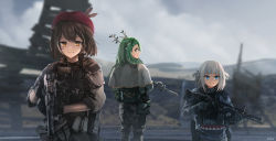 Rule 34 | 3girls, adaptive combat rifle, advarcher, alternate costume, antlers, assault rifle, bandana, beret, blue eyes, blurry, braid, braided bangs, branch, bridge, brown eyes, brown hair, capelet, ceres fauna, cloud, cloudy sky, depth of field, earrings, fanny pack, feathers, flower, gawr gura, gloves, green hair, gun, h&amp;k mp7, hair flower, hair ornament, hat, highres, holding, holding gun, holding weapon, hololive, hololive english, horns, jewelry, load bearing vest, long hair, looking at viewer, military, multicolored hair, multiple girls, nanashi mumei, bulletproof vest, pouch, rifle, short hair, short twintails, single earring, sky, streaked hair, tactical clothes, twintails, virtual youtuber, weapon, weapon request, white capelet, white hair, yellow eyes