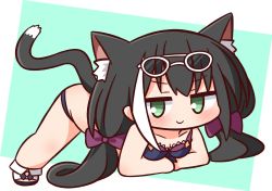 Rule 34 | 1girl, animal ear fluff, animal ears, bare arms, bare shoulders, bikini, black bikini, black hair, blush, bow, breasts, cat ears, cat girl, cat tail, chibi, cleavage, closed mouth, collarbone, commentary request, eyewear on head, full body, green background, green eyes, hair bow, hana kazari, highres, jack-o&#039; challenge, karyl (princess connect!), karyl (summer) (princess connect!), long hair, looking at viewer, low twintails, multicolored hair, princess connect!, purple bow, small breasts, smile, solo, streaked hair, sunglasses, swimsuit, tail, tail raised, top-down bottom-up, twintails, two-tone background, very long hair, white-framed eyewear, white background, white footwear, white hair