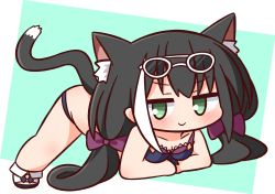 1girl animal_ear_fluff animal_ears bare_arms bare_shoulders bikini black_bikini black_hair blush bow breasts cat_ears cat_girl cat_tail chibi cleavage closed_mouth collarbone commentary_request eyewear_on_head full_body green_background green_eyes hair_bow hana_kazari highres jack-o&#039;_challenge karyl_(princess_connect!) karyl_(summer)_(princess_connect!) long_hair looking_at_viewer low_twintails multicolored_hair princess_connect! purple_bow small_breasts smile solo streaked_hair sunglasses swimsuit tail tail_raised top-down_bottom-up twintails two-tone_background very_long_hair white-framed_eyewear white_background white_footwear white_hair