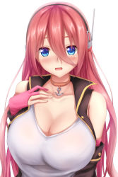 Rule 34 | 1girl, azur lane, bare shoulders, blue eyes, blush, breasts, choker, cleavage, commentary request, detached sleeves, gloves, hair between eyes, headset, jewelry, large breasts, long hair, looking at viewer, open mouth, partially fingerless gloves, pink gloves, pink hair, ranger (azur lane), solo, tapisuke, upper body, vest
