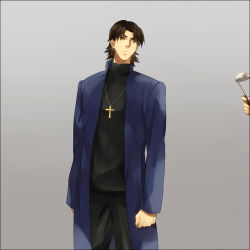 Rule 34 | 1boy, amakura (am as), brown hair, cheekbones, cross, fate/stay night, fate/zero, fate (series), grey background, jewelry, kotomine kirei, long coat, male focus, necklace, simple background