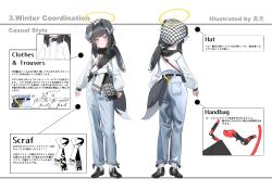 Rule 34 | 1girl, aekun cben, animal ears, bag, belt, beret, black footwear, black hair, blue archive, blush, breasts, casual, character sheet, dog ears, dog girl, dog tail, english text, from behind, full body, halo, hat, hibiki (blue archive), highres, long hair, looking at viewer, multiple views, scarf, shoulder bag, simple background, smile, standing, tail, white background