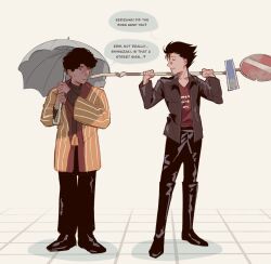 Rule 34 | 2boys, black footwear, black hair, black jacket, black pants, boots, closed eyes, clothes writing, commentary, english commentary, english text, full body, highres, holding, holding sign, holding umbrella, jacket, long sleeves, looking at another, male focus, mob psycho 100, mp100days, multiple boys, pants, red shirt, serizawa katsuya, shimazaki ryo, shirt, short hair, sign, simple background, smile, speech bubble, standing, umbrella, yellow jacket