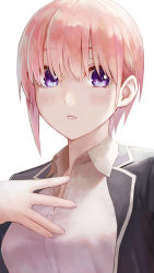 Rule 34 | 1girl, black jacket, blazer, blue eyes, blush, commentary request, go-toubun no hanayome, hair between eyes, hand on own chest, highres, ishiyuki, jacket, lapels, looking at viewer, nakano ichika, notched lapels, open mouth, pink hair, revision, school uniform, shirt, short hair, solo, white shirt