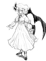 Rule 34 | 1girl, alinoce716, bat wings, center frills, commentary, dress, frills, full body, greyscale, hat, hat ribbon, high heels, highres, long sleeves, looking at viewer, mob cap, monochrome, remilia scarlet, ribbon, sash, short hair, solo, standing, touhou, wings