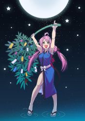 Rule 34 | 1girl, :d, ahoge, armpits, arms up, bamboo, blush, breasts, demon tail, ebi no hito, full moon, green eyes, hair ornament, lala satalin deviluke, large breasts, long hair, looking at viewer, moon, night, night sky, open mouth, pink hair, sky, smile, solo, star (sky), starry sky, tail, tanabata, tanzaku, to love-ru