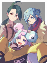 Rule 34 | 1boy, 2girls, :d, ahoge, anidf, blue hair, border, bright pupils, character hair ornament, closed mouth, collared shirt, commentary request, creatures (company), game freak, green hair, grey background, grusha (pokemon), hair ornament, hand up, highres, iono (pokemon), jacket, long hair, long sleeves, mittens, multicolored hair, multiple girls, necktie, nintendo, open mouth, pink hair, pokemon, pokemon sv, red eyes, rika (pokemon), scarf, sharp teeth, shirt, sleeveless, sleeveless shirt, smile, split mouth, striped clothes, striped scarf, suspenders, teeth, tongue, twintails, two-tone hair, upper teeth only, white border, white pupils, yellow jacket