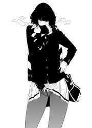 Rule 34 | 1girl, bag, blazer, breath, clothes lift, cowboy shot, goshiki suzu, greyscale, hair over one eye, hand on own hip, highres, jacket, lineart, looking at viewer, md5 mismatch, monochrome, original, panties, panties under pantyhose, pantyhose, resized, school bag, school uniform, short hair, simple background, skirt, skirt lift, solo, underwear, white background