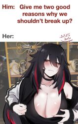 Rule 34 | 1girl, absurdres, androgynous, black choker, black hair, breasts, choker, cleavage, collarbone, commentary, english text, frown, grabbing own breast, hair between eyes, highres, huge breasts, jacket, k (kuayrenaiz), kurenaiz (kuayrenaiz), long hair, mixed-language text, multicolored clothes, multicolored hair, multicolored jacket, off shoulder, orange eyes, original, photo background, red hair, solo, streaked hair, symbol-only commentary, thai text, translation request, two-tone hair, two-tone jacket, upper body