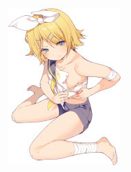 Rule 34 | 1girl, :/, absurdres, applying bandages, bandaged leg, bandages, bandaid, bandaid on knee, bandaid on leg, bare arms, bare legs, bare shoulders, barefoot, black sailor collar, black shorts, blonde hair, blood, bloody bandages, blue eyes, bow, breasts, bruise, collarbone, commentary, frown, hair ornament, hairclip, highres, hmniao, injury, kagamine rin, open clothes, open shirt, sailor collar, sailor shirt, shirt, shorts, sideboob, sitting, sleeveless, sleeveless shirt, small breasts, solo, sweat, treble clef, vocaloid, wariza, white bow