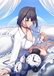 Rule 34 | 1girl, absurdres, barefoot, bed sheet, black hair, blue eyes, breasts, choker, cleavage, clock, closed mouth, collarbone, collared shirt, curtains, erezu, full body, hair intakes, highres, hololive, hololive english, large breasts, long sleeves, looking at viewer, no pants, ouro kronii, pillow, ribbon choker, shirt, short hair, sitting, solo, stuffed toy, thighs, virtual youtuber, white shirt, yokozuwari