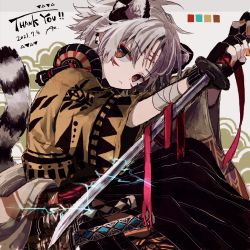Rule 34 | 1girl, absurdres, animal ears, azzz (7334080), black gloves, brown shirt, dated, feet out of frame, fingerless gloves, gloves, glowing, grey hair, highres, holding, holding sword, holding weapon, lightning, long sleeves, looking at viewer, original, print shirt, second-party source, serious, shirt, signature, solo, sword, tail, thank you, upper body, weapon