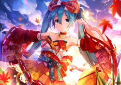 Rule 34 | 1girl, :o, absurdres, autumn leaves, back bow, bad id, bad pixiv id, bare shoulders, bell, blue hair, blue sky, blurry, blurry background, blush, bow, breasts, bug, butterfly, checkered clothes, checkered skirt, cloud, cloudy sky, collarbone, commentary request, day, depth of field, detached sleeves, floral print, goroo (eneosu), green eyes, hair between eyes, hair bow, hatsune miku, highres, huge filesize, insect, jingle bell, leaf, long hair, long sleeves, looking at viewer, maple leaf, obi, orange skirt, outdoors, parted lips, partial commentary, pleated skirt, print sleeves, red bow, revision, ribbon-trimmed skirt, ribbon-trimmed sleeves, ribbon trim, sash, skirt, sky, sleeves past wrists, small breasts, solo, strapless, twintails, very long hair, vocaloid, wide sleeves