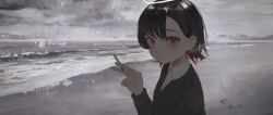 Rule 34 | 1girl, beach, black hair, black jacket, cigarette, closed mouth, cloud, cloudy sky, collared shirt, colored inner hair, daruma karei, grey sky, halo, hand up, highres, holding, holding cigarette, horizon, jacket, long sleeves, looking at viewer, multicolored hair, ocean, original, outdoors, red eyes, red hair, shirt, short hair, sky, smoking, solo, two-tone hair, upper body, white shirt