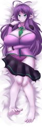 Rule 34 | 1girl, antenna hair, blush, breasts, colored skin, eira (jcdr), feet, female focus, finger to mouth, green eyes, highres, huge breasts, jcdr, long hair, lying, on back, panties, pantyshot, pointy ears, purple hair, purple skin, shiny skin, skirt, smile, solo, thighs, toes, underwear, upskirt