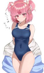 Rule 34 | 1girl, absurdres, animal ear headphones, animal ears, b4 (yonten), bare shoulders, blush, cat ear headphones, competition swimsuit, doki doki literature club, fake animal ears, hair ornament, hair ribbon, hairclip, headphones, highres, looking at viewer, natsuki (doki doki literature club), navel, one-piece swimsuit, pink eyes, pink hair, ribbon, short hair, solo, swimsuit, twintails