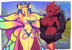 Rule 34 | 2girls, absurdres, armlet, armor, arms behind head, arms up, bikini armor, blurry, blurry background, blush, breasts, brimstone elemental, calamity mod, cape, choker, cleavage, closed eyes, collarbone, colored sclera, colored skin, cowboy shot, doce, empress of light, fairy wings, female focus, fire, gradient wings, highres, large breasts, long hair, looking to the side, monster girl, multicolored wings, multiple girls, navel, no mouth, no nipples, no pussy, nude, one-eyed, open mouth, pink cape, pink hair, pointy ears, red eyes, red skin, terraria, tiara, waist cape, wings, yellow sclera, yellow skin