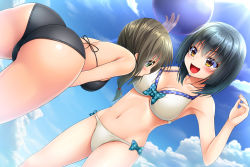 Rule 34 | 1girl, 2girls, :d, arms up, ass, backlighting, bad id, bad tumblr id, ball, beachball, bent over, bikini, black bikini, black hair, blue sky, blush, bow, bow bikini, breasts, brown eyes, brown hair, cleavage, cloud, cloudy sky, commentary request, day, dutch angle, hair over shoulder, hair tie, holding, long hair, looking at another, medium breasts, multiple girls, navel, noshimasa, open mouth, original, outdoors, short hair, sky, smile, standing, sunlight, swimsuit, thighs, twintails, white bikini