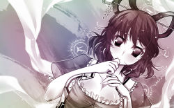 Rule 34 | 1girl, :&lt;, akao, blush, breast press, breasts, dutch angle, female focus, frills, hair ornament, hair rings, hair stick, hand to own mouth, kaku seiga, large breasts, looking at viewer, monochrome, puffy sleeves, sepia, shawl, short hair, short sleeves, solo, touhou