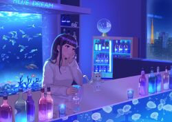 Rule 34 | 1girl, absurdres, alcohol, bar (place), black hair, braid, cat, city, cocktail, cocktail glass, cup, drinking glass, fish, fish tank, hand on own cheek, hand on own face, highres, jellyfish, jewelry, long hair, nap on a cloud, necklace, original, purple eyes, reflection, reflective surface, sea turtle, shirt, solo, turtle, white shirt, window