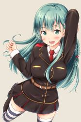 Rule 34 | 1girl, alternate costume, aqua hair, arm up, belt, blush, boots, braid, breasts, buttons, clenched hand, cosplay, green hair, hair ornament, hair tie, hairclip, high school fleet, highres, ichikawa feesu, jacket, kantai collection, knee boots, large breasts, long hair, long sleeves, looking at viewer, military, military uniform, necktie, open mouth, red necktie, single braid, skirt, smile, solo, striped clothes, striped thighhighs, suzuya (kancolle), thighhighs, uniform, wilhelmina braunschweig ingenohl friedeburg, wilhelmina braunschweig ingenohl friedeburg (cosplay), zettai ryouiki