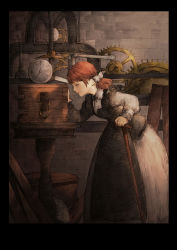 Rule 34 | 1girl, apron, baiguiyu, black apron, black border, border, cane, clock, closed mouth, commentary request, dress, gears, grey eyes, highres, leaning forward, long dress, long sleeves, original, red hair, smile, solo, standing, white dress