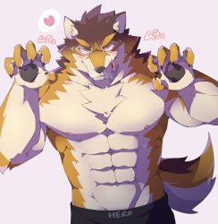 Rule 34 | 1boy, :q, abs, animal ears, bara, barrel (live a hero), beige fur, brown fur, claw pose, dog boy, dog ears, dog tail, furry, furry male, heart, highres, kanato (sakehabera), large pectorals, live a hero, male focus, muscular, muscular male, navel, nipples, orange fur, pectorals, short hair, solo, spoken heart, stomach, tail, tongue, tongue out, topless male, upper body