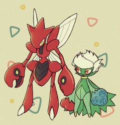 Rule 34 | beige background, blue flower, blue rose, creatures (company), eye contact, flower, full body, game freak, gen 2 pokemon, gen 4 pokemon, half-closed eyes, insect wings, looking at another, looking to the side, nintendo, no humans, open mouth, pokemon, pokemon (creature), red eyes, red flower, red rose, rose, roserade, scizor, shiwo (siwosi), short hair, standing, white hair, wings, yellow eyes