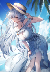 Rule 34 | 1girl, anastasia (fate), anastasia (swimsuit archer) (fate), anastasia (swimsuit archer) (first ascension) (fate), arm up, bare shoulders, blue dress, blue sky, blurry, blurry background, bracelet, breasts, brown hat, cleavage, cloud, commentary request, day, depth of field, dress, earrings, fate/grand order, fate (series), genyaky, grey eyes, hair ornament, hand on headwear, hand on own thigh, hat, highres, jewelry, large breasts, leaning forward, light particles, long hair, looking at viewer, necklace, open mouth, outdoors, palm tree, silver hair, sky, solo, star (symbol), star hair ornament, sun hat, tree, very long hair
