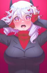 Rule 34 | 1girl, absurdres, black horns, black suit, blush, breasts, demon girl, demon horns, formal, hand on own face, hands in hair, heart, heart-shaped pupils, helltaker, highres, horns, large breasts, looking at viewer, medium hair, modeus (helltaker), open mouth, red eyes, red sweater, ribbed sweater, sher (imnotsher), solo, suit, sweat, sweater, symbol-shaped pupils, white hair