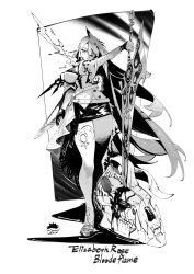 1girl ahoge blood breasts burnt_clothes dress elizabeth_rose_bloodflame elizabeth_rose_bloodflame_(1st_costume) fire full_body greatsword high_contrast highres holding holding_sword holding_weapon holojustice hololive hololive_english huge_ahoge large_breasts long_hair looking_down monochrome pencil_skirt serious shen_shipi_(agil548g6h6) sideboob single_thighhigh skirt skull solo standing sword thighhighs thorn_(elizabeth_rose_bloodflame) very_long_hair virtual_youtuber weapon white_dress