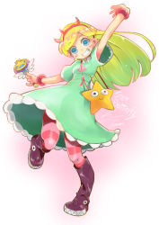 Rule 34 | 1girl, bag, blonde hair, blue eyes, blush stickers, character name, collared dress, dress, english text, engrish text, eyelashes, female focus, full body, grin, handbag, io naomichi, pantyhose, ranguage, smile, solo, standing, standing on one leg, star butterfly, star vs the forces of evil, striped clothes, striped legwear, striped pantyhose, swept bangs