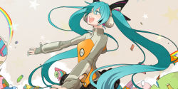 Rule 34 | 1girl, aqua eyes, aqua hair, bad id, bad pixiv id, bitte, hatsune miku, headphones, long hair, odds &amp; ends (vocaloid), open mouth, outstretched arms, project diva (series), project diva f, solo, twintails, very long hair, vocaloid