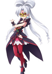 Rule 34 | 1girl, akagi towa, albino, black footwear, black skirt, detached collar, earrings, full body, go! princess precure, highres, jewelry, kingetsu mikoto, long hair, mask, nail polish, pantyhose, pointy ears, precure, quad tails, red eyes, red pantyhose, shoes, skirt, smile, solo, standing, twilight (go! princess precure), white background, white hair, wrist cuffs