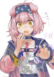 Rule 34 | 1girl, ahoge, animal ears, arknights, blue hairband, braid, cat ears, cat girl, choker, crying, crying with eyes open, droopy ears, electricity, goldenglow (arknights), hair ornament, hairband, hairclip, hand on own face, hands up, highres, jacket, nabeno desu, name tag, open mouth, pink hair, shirt, smoke, solo, tears, white background, white shirt, worried, yellow eyes