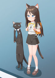 Rule 34 | 1girl, absurdres, animal ear fluff, animal ears, backpack, bag, black skirt, blue background, blue eyes, blue neckwear, blush, bow, bowtie, brown footwear, brown hair, cat, cat ears, cat tail, cellphone, closed mouth, highres, long hair, mao lian (nekokao), miniskirt, necktie, original, phone, pigeon-toed, pleated skirt, randoseru, school uniform, shirt, shoes, short sleeves, simple background, skirt, smartphone, solo, standing, tail, aina (mao lian), whistle, whistle around neck, white shirt, yellow bag, yellow bow, yellow neckwear