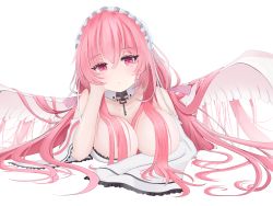 Rule 34 | 1girl, absurdly long hair, absurdres, azur lane, bare shoulders, breasts, cleavage, detached collar, feathered wings, frilled hairband, frills, hairband, hand on own cheek, hand on own face, highres, jewelry, key, key necklace, large breasts, long hair, lying, necklace, nicknameokupied, on stomach, perseus (azur lane), pink eyes, pink hair, simple background, very long hair, white background, white wings, wide sleeves, wing collar, wings