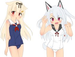 Rule 34 | 2girls, animal ears, azur lane, bad id, bad pixiv id, blonde hair, blush, braid, breasts, collarbone, commentary request, crossover, dog ears, dog tail, hair flaps, hair ornament, hairclip, highres, historical name connection, kantai collection, long hair, looking at viewer, looking away, multiple girls, name connection, ninini60394014, one-piece swimsuit, open mouth, red eyes, school swimsuit, side braid, silver hair, simple background, swimsuit, tail, white background, white one-piece swimsuit, white school swimsuit, yuudachi (azur lane), yuudachi (kancolle)