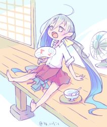 Rule 34 | 10s, 1girl, ahoge, bare legs, barefoot, blue bow, blue bowtie, blue hair, bow, bowl, bowtie, unworn bowtie, colis, commentary request, dress, electric fan, gradient hair, grey eyes, grey hair, hair between eyes, hand fan, hot, kantai collection, kiyoshimo (kancolle), long hair, low twintails, multicolored hair, open mouth, outdoors, paper fan, porch, shirt, shouji, sitting, sleeveless, sleeveless dress, sleeves rolled up, sliding doors, solo, spoon, sweat, tray, twintails, twitter username, uchiwa, very long hair, white shirt